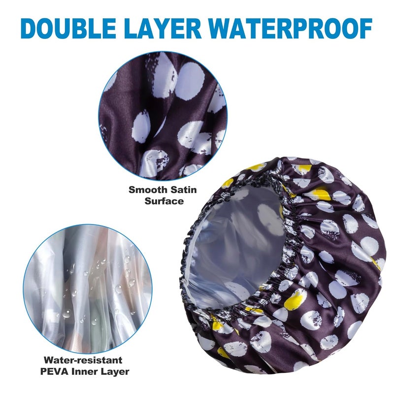Happtiger Shower Cap for Women Set of 4, Bath Caps, Double Layers Hair Caps + 2 Satin Hair Scrunchies, Reusable Waterproof Shower Caps, Elastic Hair Cap for Shower - Pattern A - Image 2